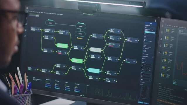 African American software engineer looks at computer screen with displayed big data server and blockchain network, monitors real-time analysis charts in monitoring office. Concept of cyber security.