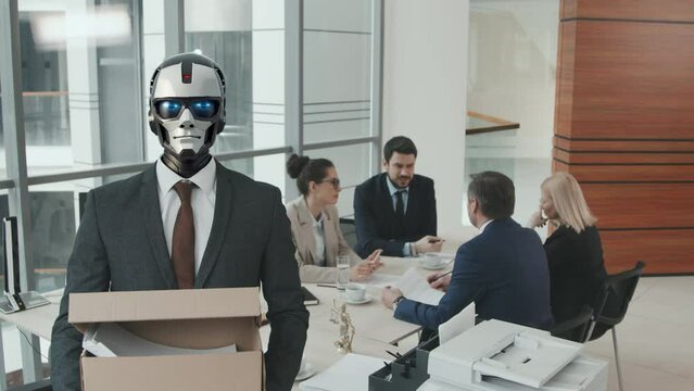 AI generated shot of robot lawyer in suit holding box of documents looking at camera while his colleagues discussing case during meeting