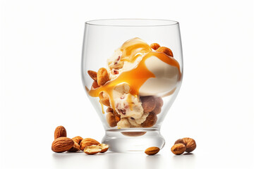 a glass of ice cream and caramel on a white background