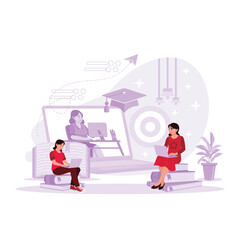 Naklejka premium Students are studying together through e-learning or online education courses. Trend Modern vector flat illustration.