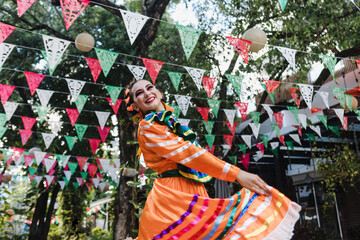 Fototapeta na wymiar Latin woman dancer wearing traditional Mexican dress traditional from Guadalajara Jalisco Mexico Latin America, young hispanic female in independence day or cinco de mayo parade or cultural Festival