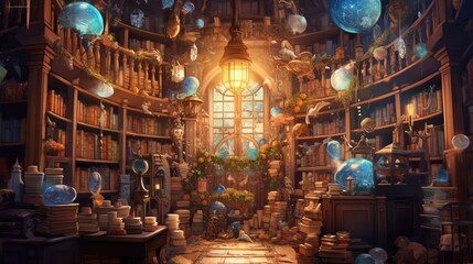 magical bookshelf, digital art illustration