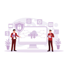 Two cloud server security employees, access system network connections, and locked database storage. Trend Modern vector flat illustration.