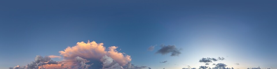Sunset sky panorama with bright glowing pink Cumulus clouds. HDR 360 seamless spherical panorama. Full zenith or sky dome for 3D visualization, sky replacement for aerial drone panoramas.