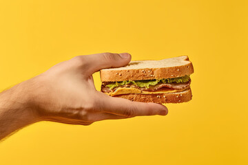 Hand holding tasty sandwich on a yellow background