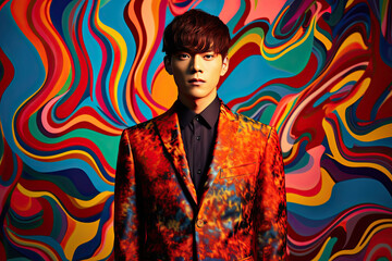 Fototapeta premium High Korean Fashion model man in colorful bright lights posing in studio, portrait of beautiful sexy male with trendy make-up. Art design, colorful make up.