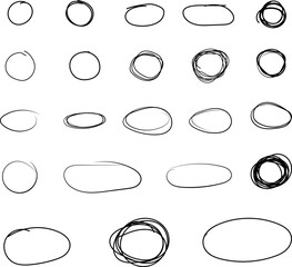 Hand drawn ovals and circles. Circle frames. Ellipses in doodle style. Vector illustration isolated on transparent background.
