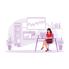 Young Asian businesswoman sitting at an office desk, working through AI technology in online HTML and cybersecurity. Trend Modern vector flat illustration.