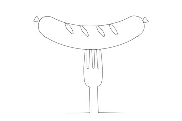 Vector illustration oneline of roasted sausage on fork engraving vector illustration design element for menu bar food courtfast food restaurant
