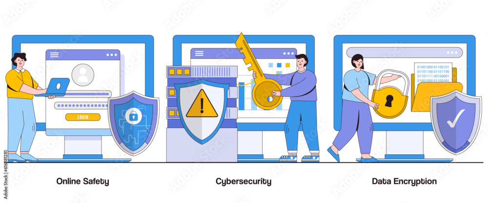 Poster online safety, cybersecurity, and data encryption concept with character. digital security abstract 