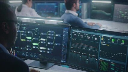 Multiethnic team of IT technical specialists work on computers with displayed big data server, blockchain network and live analysis charts in monitoring control room. Concept of cyber security. - Powered by Adobe