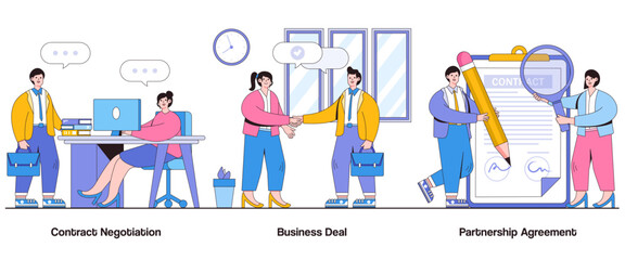 Contract Negotiation, Business Deal, Partnership Agreement Concept with Character. Business Collaboration Abstract Vector Illustration Set. Deal Closing Metaphor