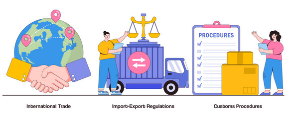 Naklejka premium International Trade, Import-Export Regulations, and Customs Procedures Concept with Character. Global Commerce Abstract Vector Illustration Set. Cross-Border Transactions, Customs Clearance Metaphor