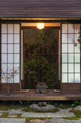 Traditional Japanese house with backyard flower garden. Oriental background