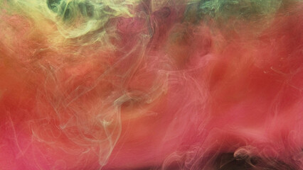 Color mist texture. Smoke flow. Steam wave. Pink yellow glitter paint water splash mix fog cloud floating abstract art background.