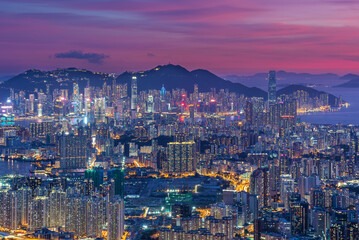 Aerial view of Hong Kong city at dusk