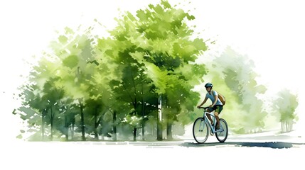 Cyclist embracing an eco friendly lifestyle, riding through an urban park on a bike lane. Sustainable transportation methods in city planning and lifestyle choices for a greener future. Generative AI