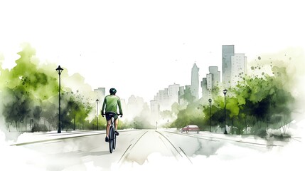 Cyclist embracing an eco friendly lifestyle, riding through an urban park on a bike lane. Sustainable transportation methods in city planning and lifestyle choices for a greener future. Generative AI