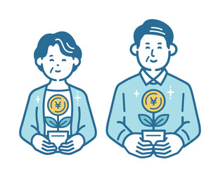 Illustration of an elderly couple raising cash