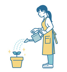 Illustration of a woman watering plants