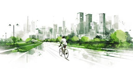 Cyclist embracing an eco friendly lifestyle, riding through an urban park on a bike lane. Sustainable transportation methods in city planning and lifestyle choices for a greener future. Generative AI