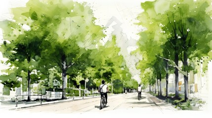 Fototapeta na wymiar Cyclist embracing an eco friendly lifestyle, riding through an urban park on a bike lane. Sustainable transportation methods in city planning and lifestyle choices for a greener future. Generative AI