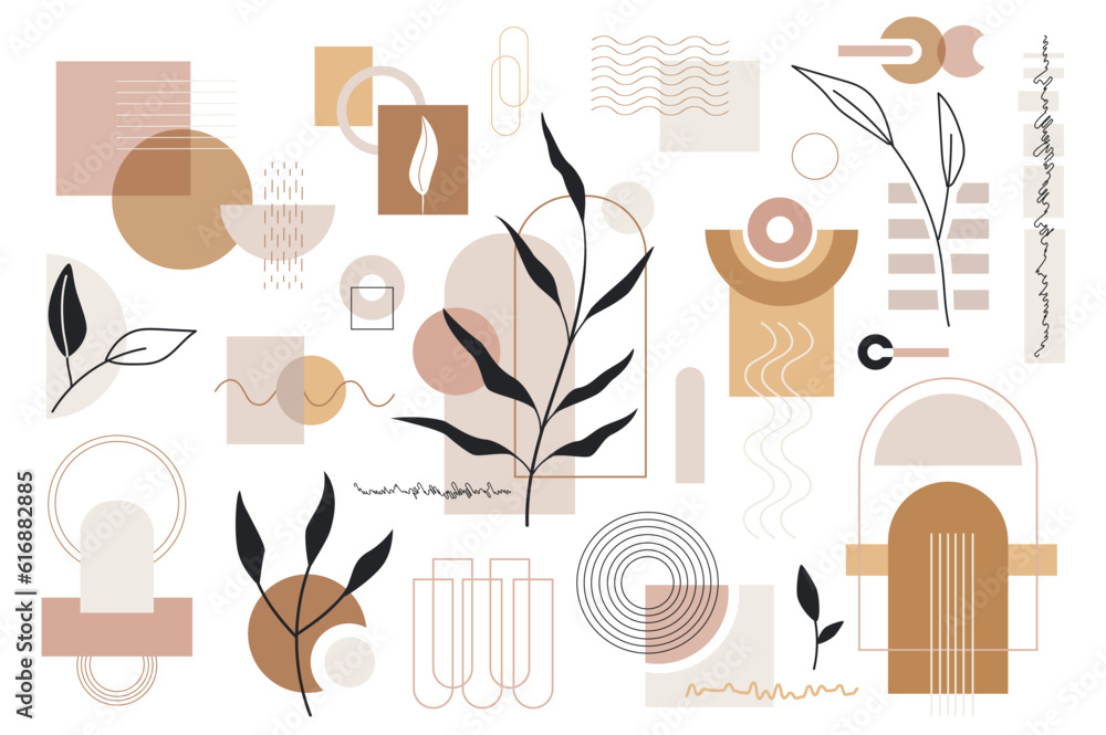 Poster Abstract geometrical and floral objects mega set in graphic flat design. Bundle elements of different brown and beige geometric shapes and leaf plants collage. Vector illustration isolated stickers