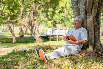 Naklejka na ściany i meble Happy Asian senior man sitting on grass in nature public park and reading a book. Healthy elderly retired man relax and enjoy outdoor lifestyle leisure activity on summer holiday vacation.