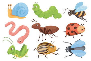 Cute insects mega set in graphic flat design. Bundle elements of funny mascots, snail, caterpillar, bee, worm, ant, ladybug, grasshopper, colorado, beetle, fly. Vector illustration isolated objects