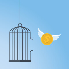 Dollar flying out from a large birdcage.