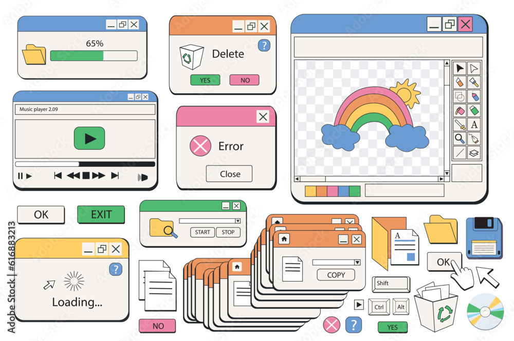 Aufkleber Windows browser objects mega set in graphic flat design. Bundle elements of 80s 90s retro style of computer windows of loading files, player and other templates. Vector illustration isolated stickers