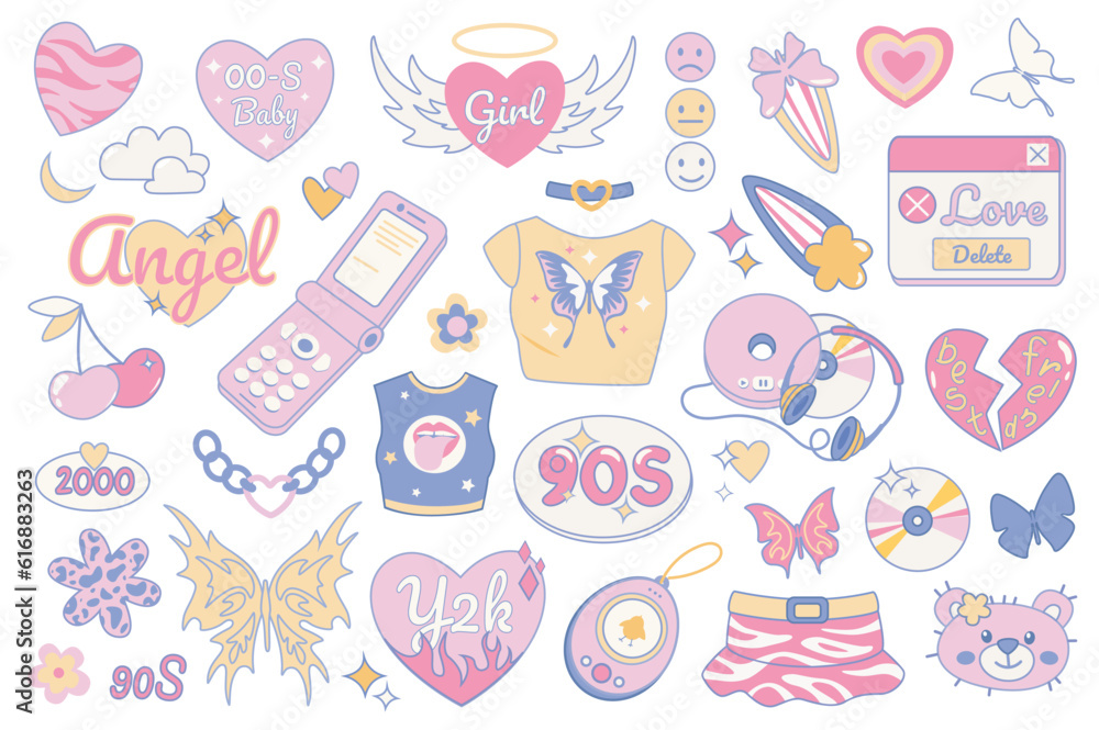 Poster y2k and 90s vintage style objects mega set in graphic flat design. bundle elements of pink hearts, s