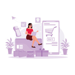 Young girl sitting and using a laptop, shopping online using a debit card. Trend Modern vector flat illustration.