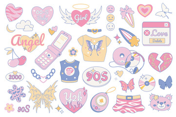 Y2k and 90s vintage style objects mega set in graphic flat design. Bundle elements of pink hearts, smiles, butterflies, mobile phone, t-shirt, cd player, other. Vector illustration isolated stickers