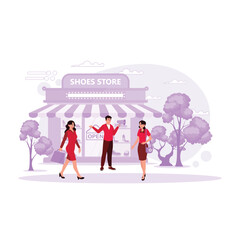 Shoe shop with a male salesperson and two smiling female customers. Trend Modern vector flat illustration.