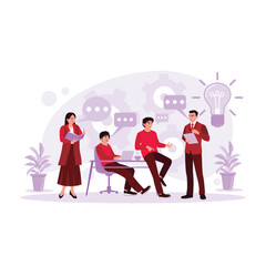 The creative team holds meetings, discusses, solves problems and discusses business proposals. Trend Modern vector flat illustration.