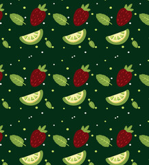 strawberry, lemon, pattern, print, green