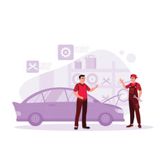 The mechanic repairs the customer's car and explains the car's breakdown to the customer in the garage. Trend Modern vector flat illustration.