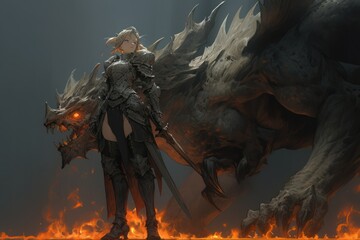 a woman with her faithful dragon, Dragon, fire, female warrior