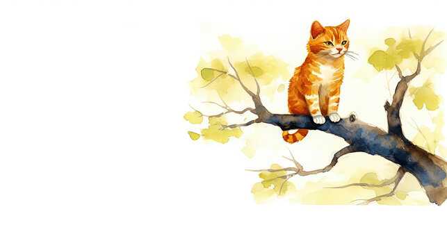 Watercolor vintage greeting card template with ginger cat and space for text - Powered by Adobe
