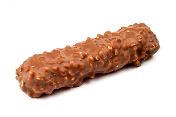 Bumpy chocolate bar on a white background. Chocolate with nuts close-up.