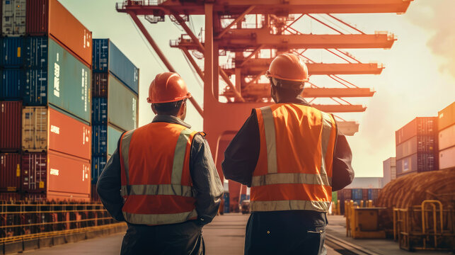 Staff worker working in cargo crane shipping logistic port , Staff standing at a port container ship is thinking about something , Created with Generative Ai Technology