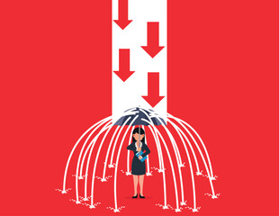 Unlucky businesswoman under rain. Overcoming adversity Concept