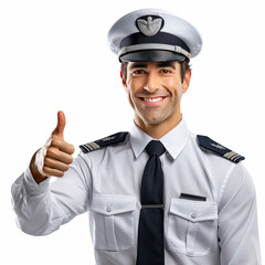 I love my job! Confident male pilot in uniform showing his thumb up and smiling while standing in front of airplane