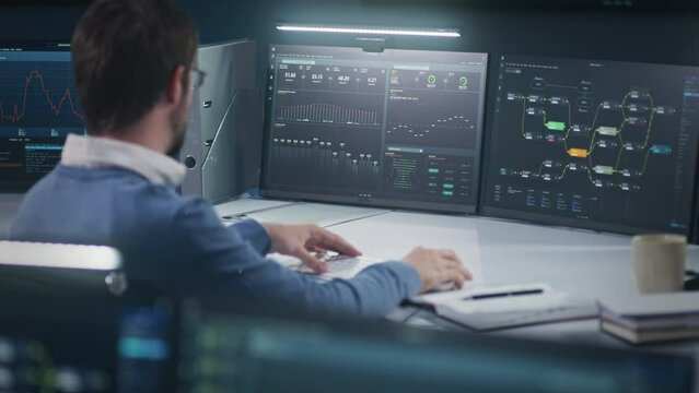 Professional software programmer sits in front of computer, monitors big data server in monitoring control room. Camera pans to PC screen with real-time analysis charts. Concept of cyber security.
