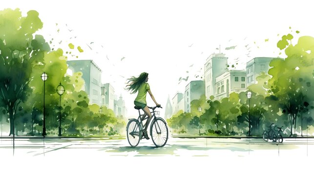 Riding a bicycle in a lush green city environment, exemplifying eco friendly commuting. The concept of sustainability in urban settings, promoting healthier living. Generative AI