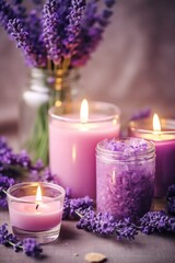 Obraz na płótnie Canvas Elements of lavender SPA: fresh lavender and lavender candles - Generative AI