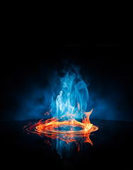 Selective focus.Fire flames, burning podium display design for create key visual art background.generative ai images