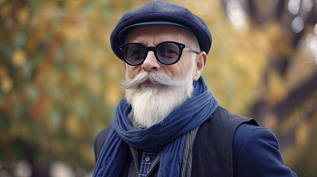 Cool Senior hipster man with stylish beard. Modern business man urban portraits outdoor. Conceptual representation of aging as a state of mind.