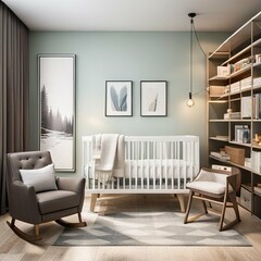 modern nursery with minimalistic design, white crib, rocking chair, wall mounted bookshelves, abstract art, neutral color palette, warm lighting, high detail, cozy and inviting